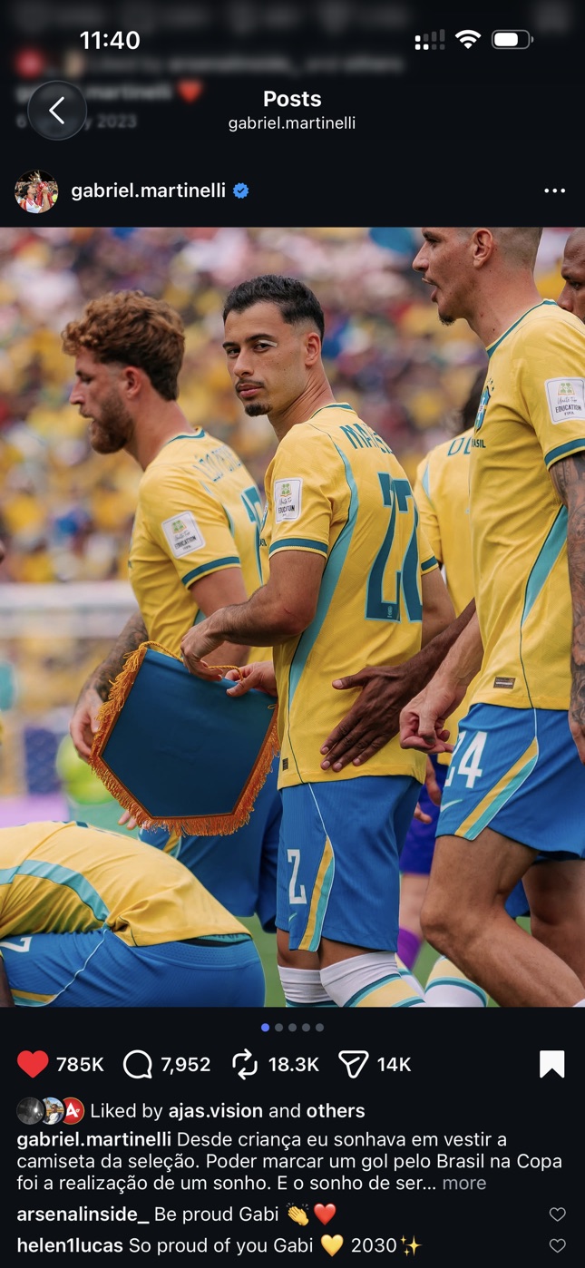 Screenshot of Gabriel Martinelli's Instagram post using Konrad Borzy's photograph of him leading Brazil out with the match pennant at the FIFA World Cup 2026.