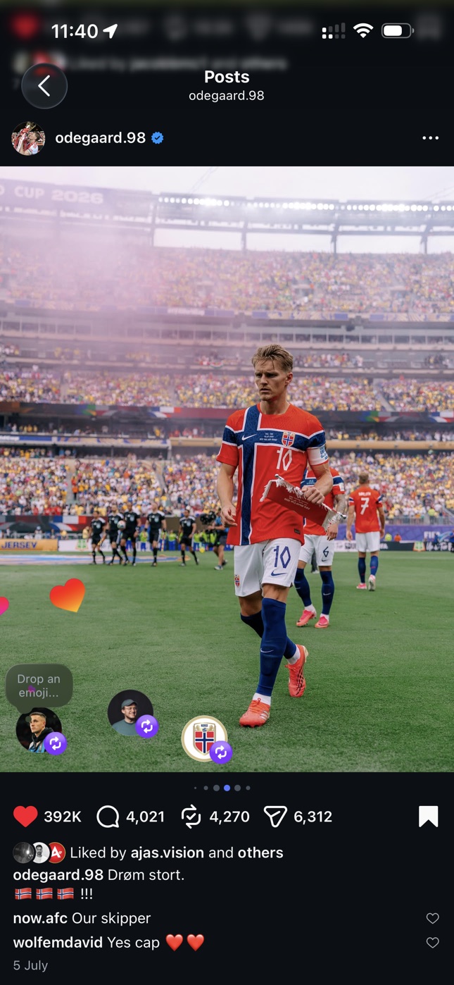 Screenshot of Martin Ødegaard's Instagram post using Konrad Borzy's photograph of him leading Norway out at the FIFA World Cup 2026.