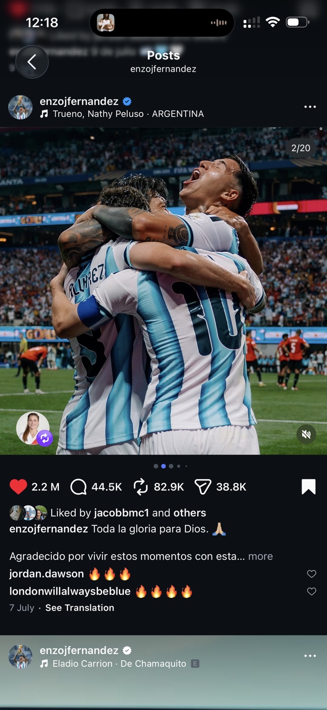 Screenshot of Enzo Fernández's Instagram post using Konrad Borzy's photograph of Argentina players celebrating together at the FIFA World Cup 2026.