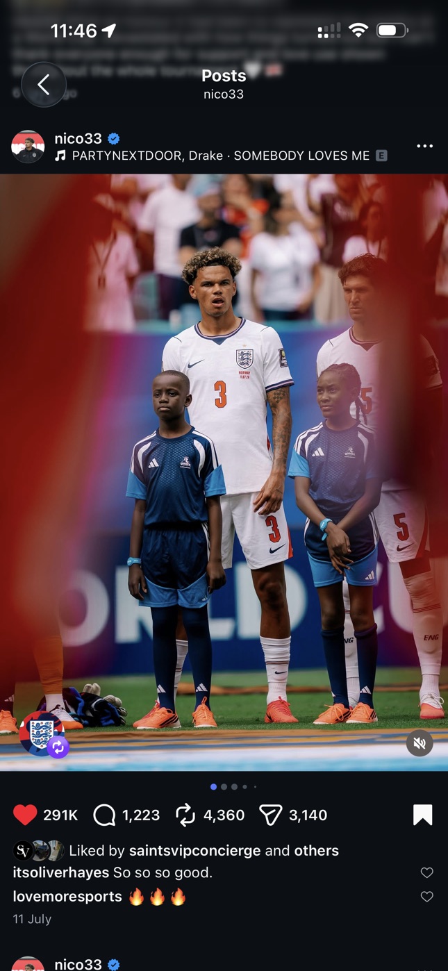 Screenshot of Nico O'Reilly's Instagram post using Konrad Borzy's photograph of him lining up with mascots before England at the FIFA World Cup 2026.