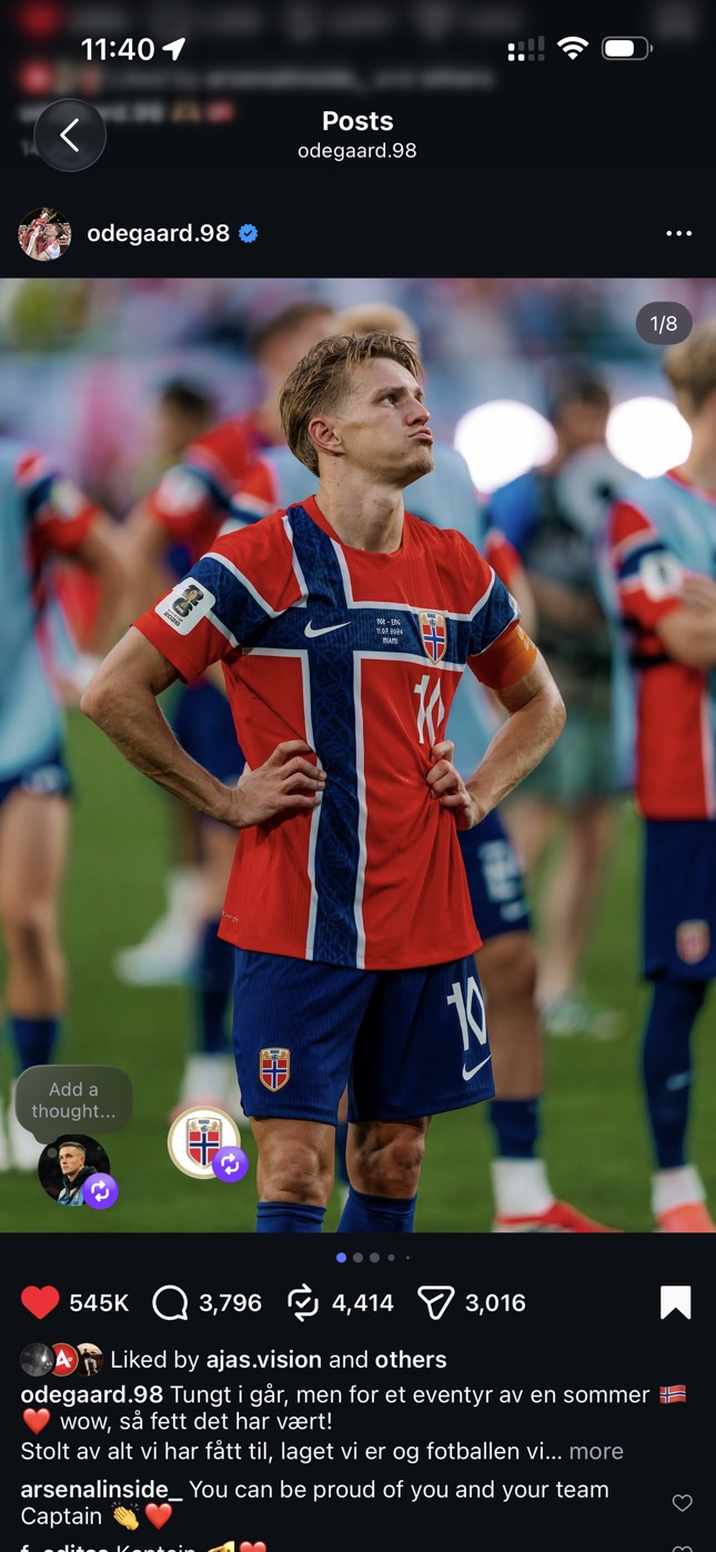 Screenshot of Martin Ødegaard's Instagram post using Konrad Borzy's photograph of him after Norway's FIFA World Cup 2026 match.