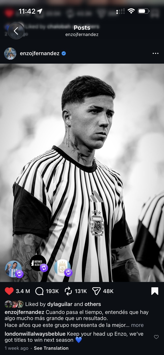 Screenshot of Enzo Fernández's Instagram post using Konrad Borzy's black-and-white photograph of him in the Argentina shirt at the FIFA World Cup 2026.