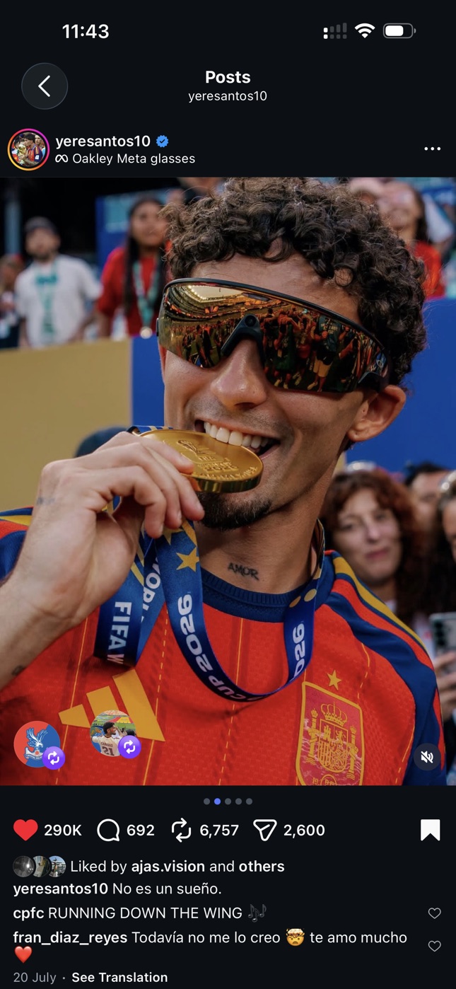 Screenshot of Yéremy Pino's Instagram post using Konrad Borzy's photograph of him biting the winners' medal as Spain celebrate the FIFA World Cup 2026.